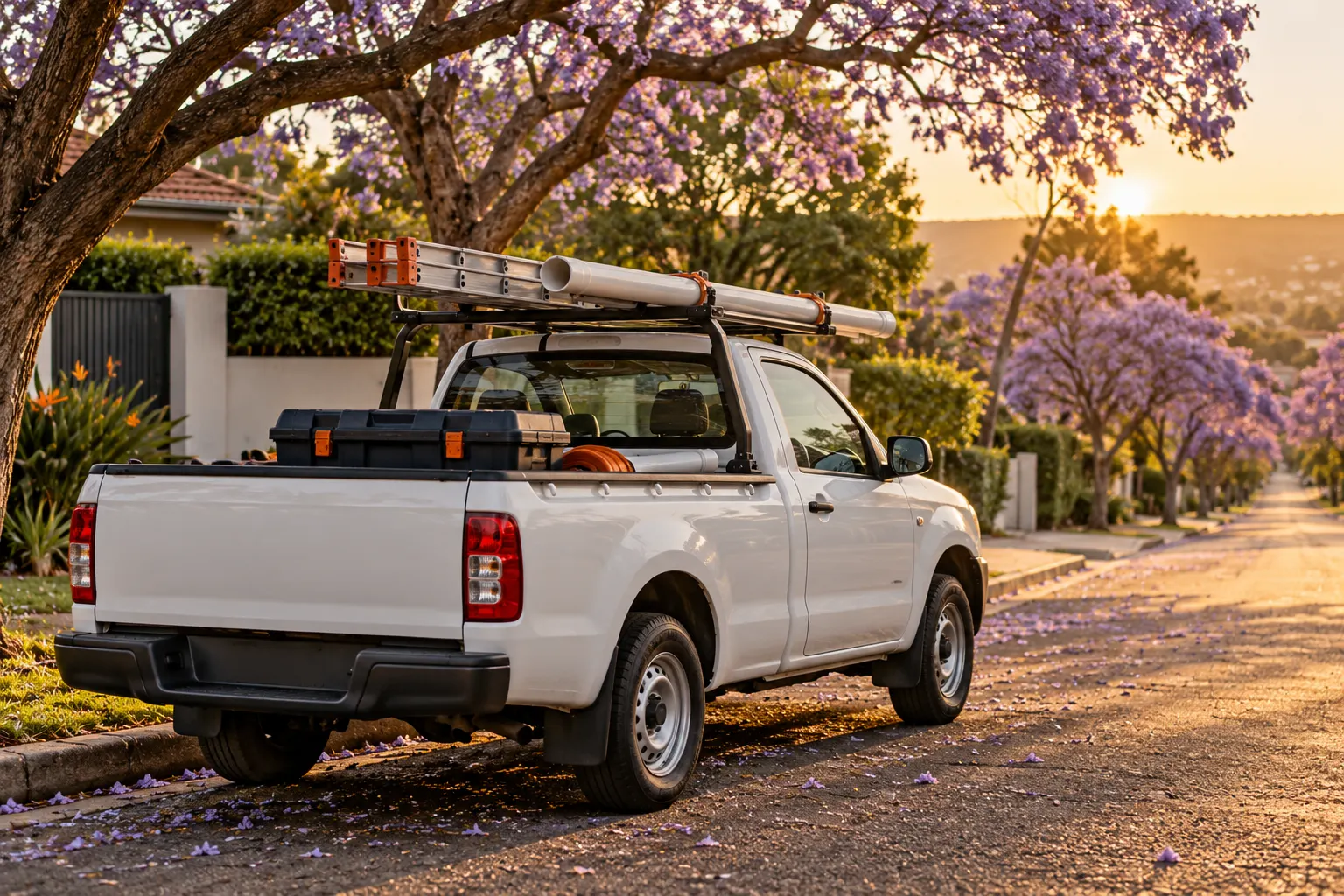 Plumbing bakkie parked under jacaranda trees
