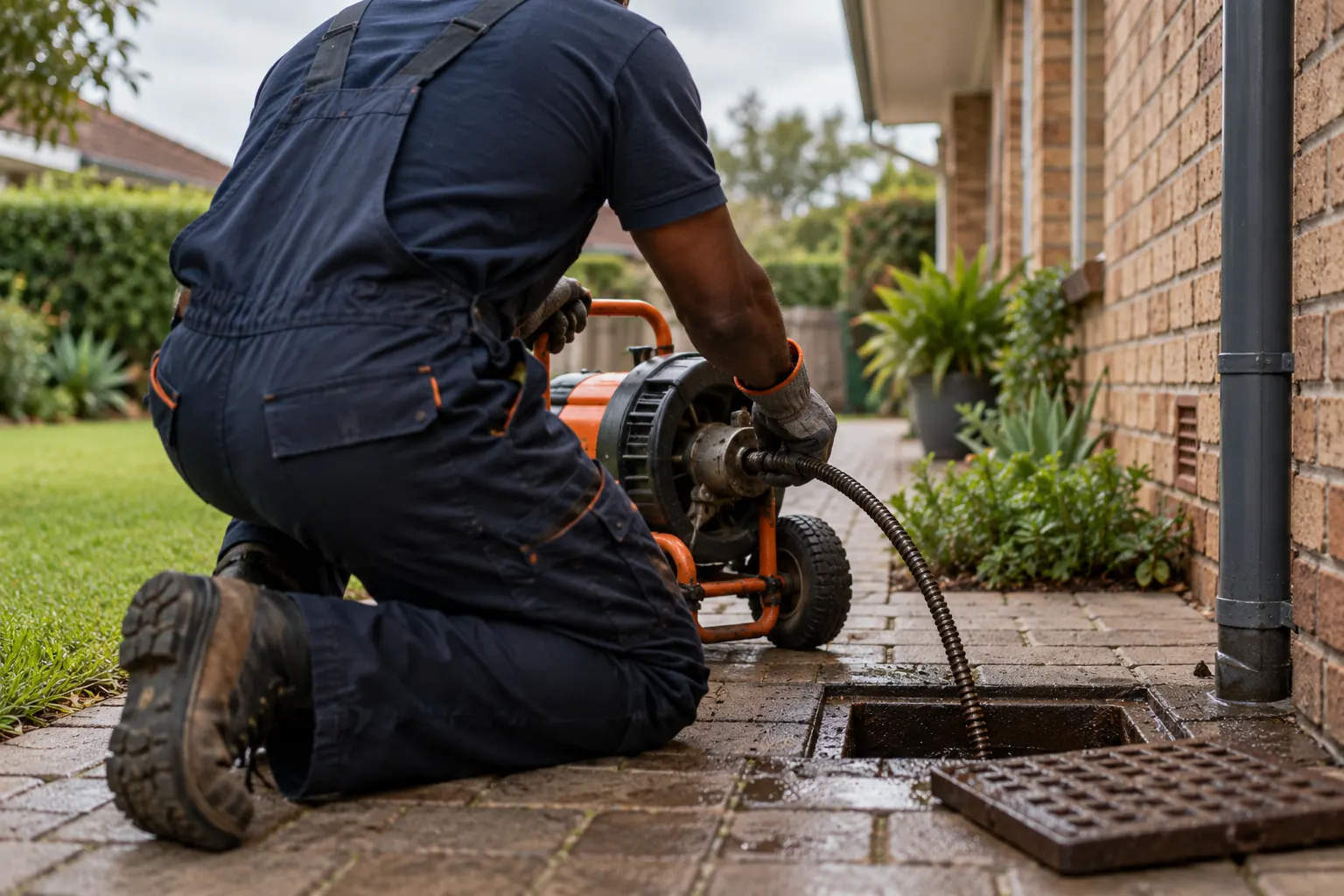 Plumber clearing an outside drain