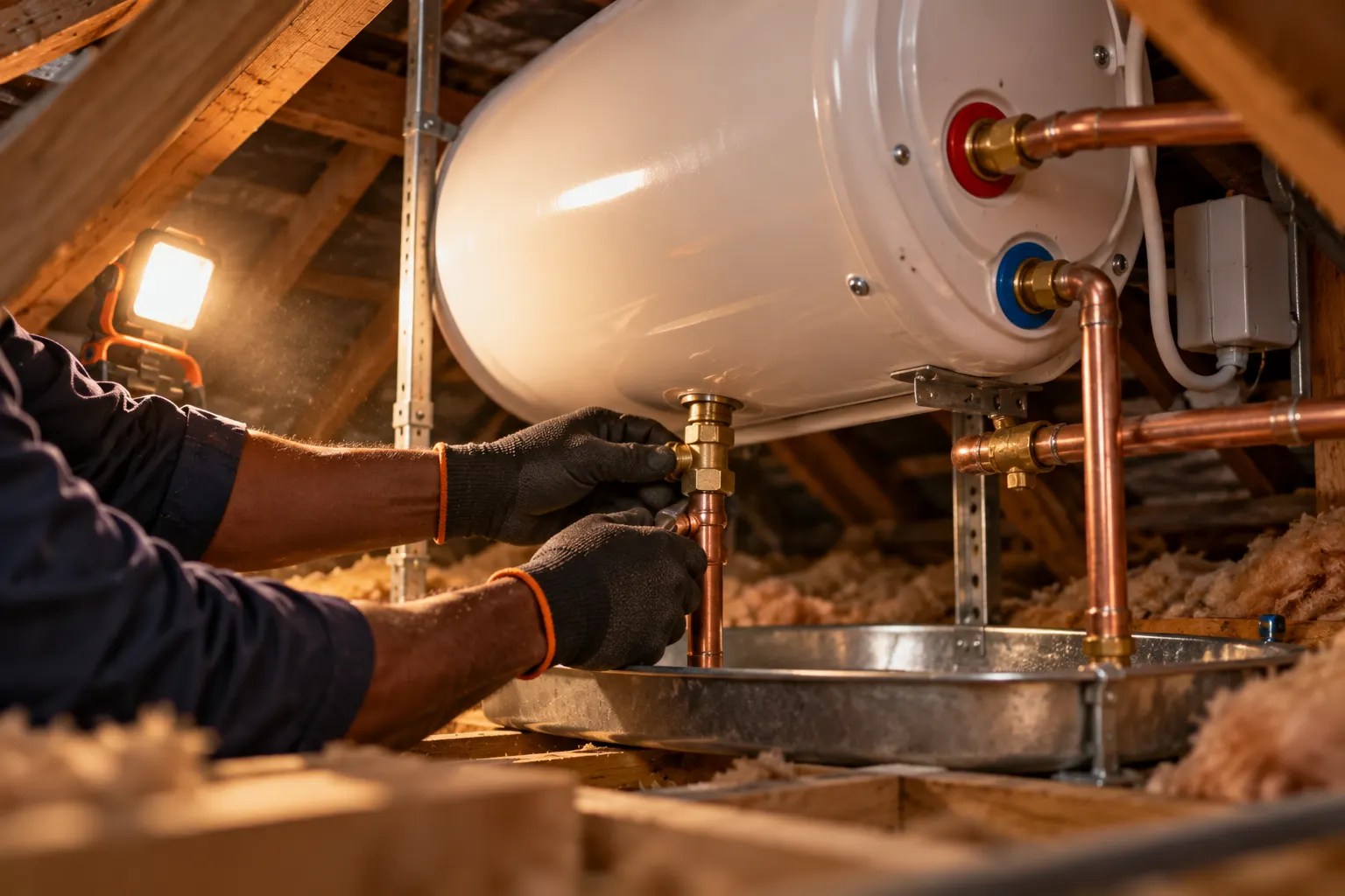 Plumber fitting a new geyser in a roof space