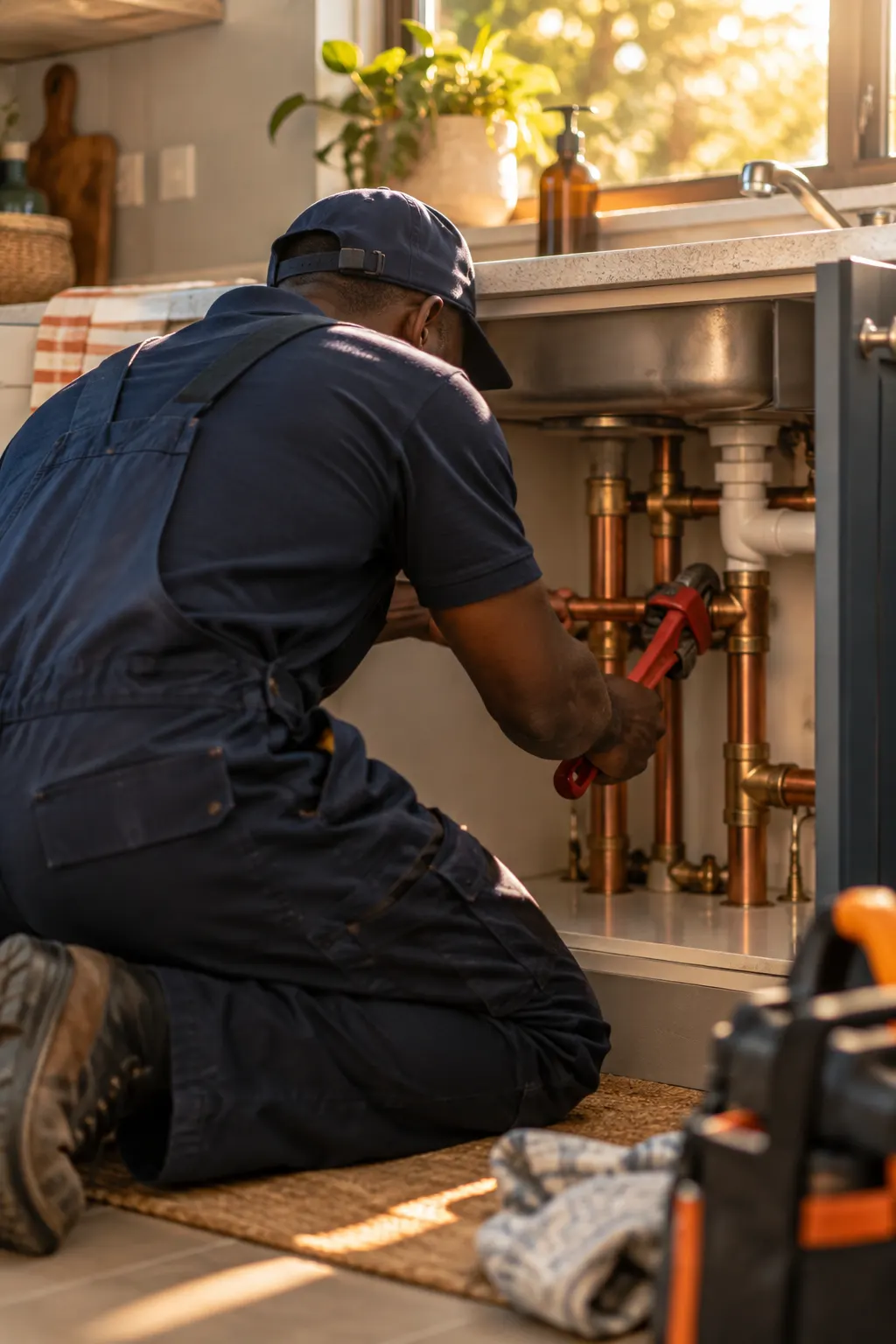Plumber fitting new copper pipes under a kitchen sink