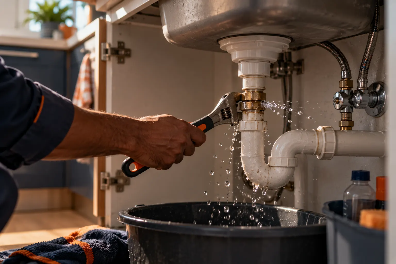 Plumber repairing a leaking pipe under a sink